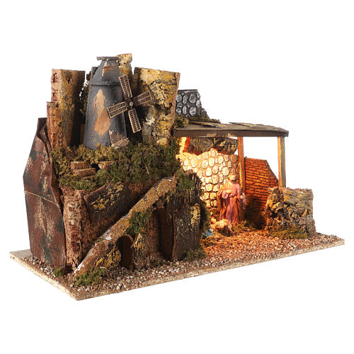 Illuminated stable with mill 35x50x30 cm, 10 cm nativity set 3