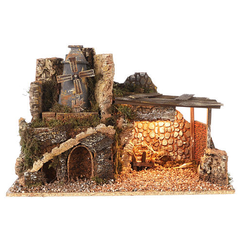 Illuminated stable with mill 35x50x30 cm, 10 cm nativity set 4