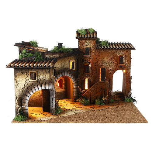 Borgo Avec Ruisseau Central Pour Crèche 20x14x20 Cm - Fait Main En Italie, Maisons Incluses, Ruisseau à Eau