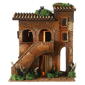 Podwójny dom z drabinką i oświetleniem, 40x35x25 cm, do szopek 10-12 cm