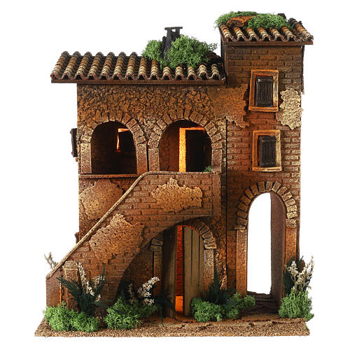 Podwójny dom z drabinką i oświetleniem, 40x35x25 cm, do szopek 10-12 cm 1