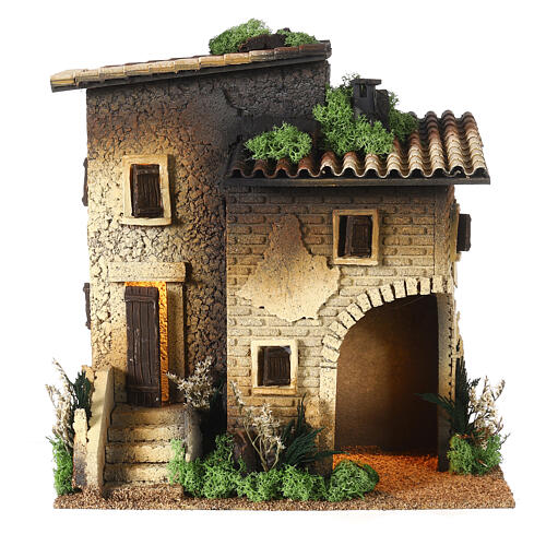 Casa de dois andares 35x35x25 cm iluminada para presépios com figuras de 10-12 cm 1