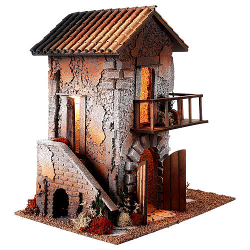 Casa com balcão e luzes 35x35x25 cm para presépio com figuras de 10-12 cm 2