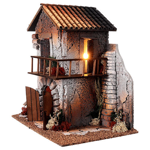 Casa com balcão e luzes 35x35x25 cm para presépio com figuras de 10-12 cm 3