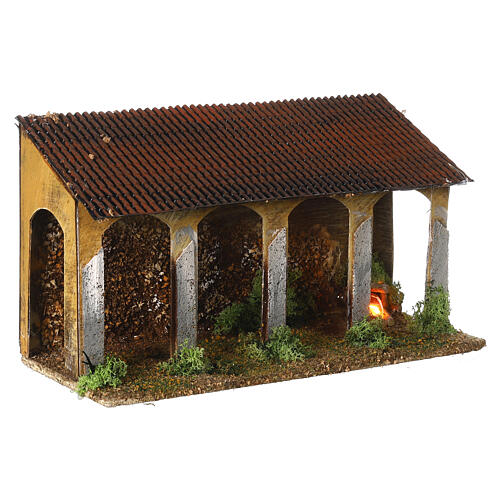 Porch with fire 20x35x15 cm Moranduzzo cardboard nativity scene 10 cm 3