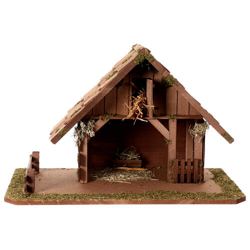 Cabana madeira telhado pontudo 35x55x30 cm para presépio com figuras de 12 cm 1