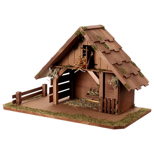 Wooden nativity stable with pointed roof 35x55x30cm for 12cm set 3