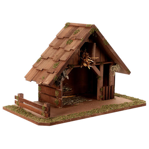 Wooden nativity stable with pointed roof 35x55x30cm for 12cm set 4