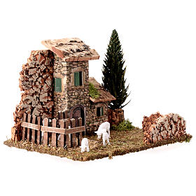Rustikales Häuschen mit Gehege und Baum, Krippenzubehör, für 8 cm Krippe, 15x20x15 cm