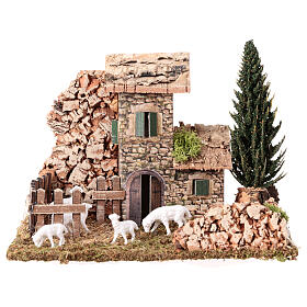 Cenário com casa e ovelhas 15x20x15 cm para presépio de estilo rústico de 8 cm