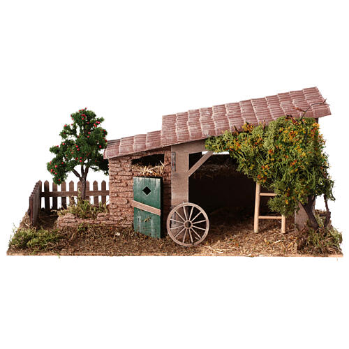 Rustic style farmhouse for nativity scene with trees h 8 cm 15x30x15 cm 1