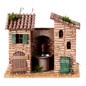 Fountain between rustic houses, 15x20x15 cm, for 8 cm rustic Nativity Scene