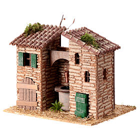 Fountain between rustic houses, 15x20x15 cm, for 8 cm rustic Nativity Scene