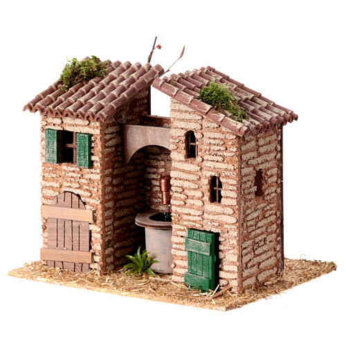 Fountain between rustic houses, 15x20x15 cm, for 8 cm rustic Nativity Scene 2