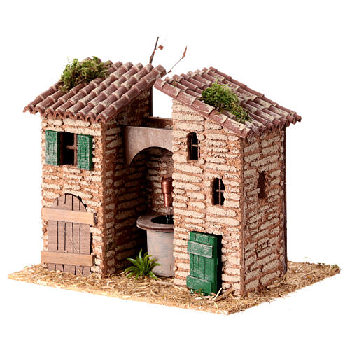 Fontaine entre deux maisons 15x20x15 cm pour crèche rustique de 8 cm 2