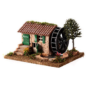 Moulin à eau avec maison style rustique 15x25x20 cm pour crèche 8 cm