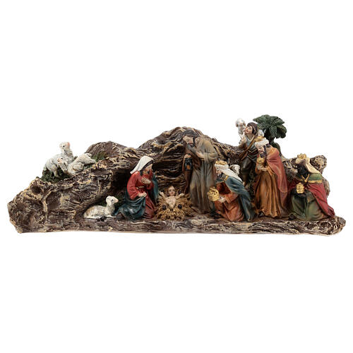 Nativity set with stable in colored resin 30 cm 1