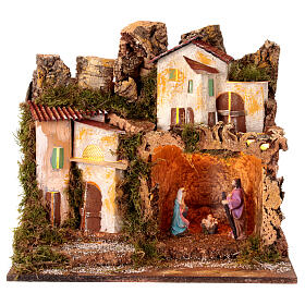 Illuminated setting with Nativity Scene in a cave, 40x45x30 cm, for 10 cm characters
