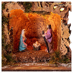 Illuminated setting with Nativity Scene in a cave, 40x45x30 cm, for 10 cm characters