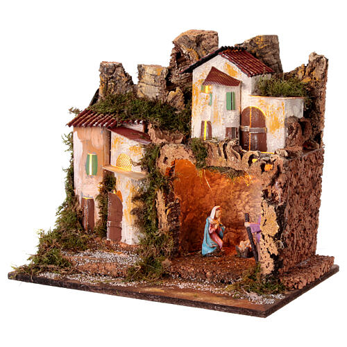 Illuminated setting with Nativity Scene in a cave, 40x45x30 cm, for 10 cm characters 3