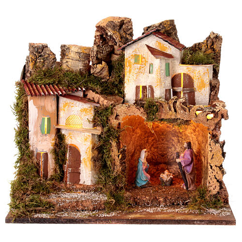 Belén con Natividad luces cueva estatuas 10 cm 40x45x30 cm 1