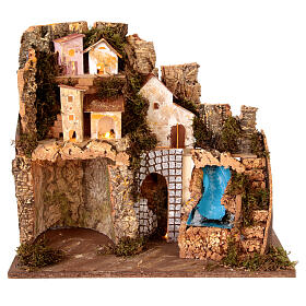 Nativity Scene setting with lights and waterfall, 40x45x30 cm, for 8-10 cm Nativity Scene