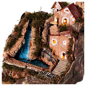 Illuminated setting with houses and waterfall, 30x25x25 cm, for 4 cm Nativity Scene