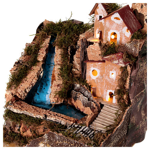 Illuminated setting with houses and waterfall, 30x25x25 cm, for 4 cm Nativity Scene 2