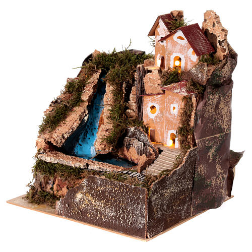 Illuminated setting with houses and waterfall, 30x25x25 cm, for 4 cm Nativity Scene 3