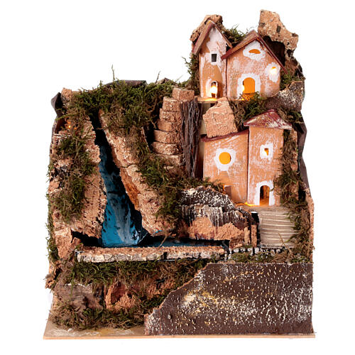 Paesaggio con luci case cascata presepe 4 cm pompa elettrica 30x25x25 cm 1