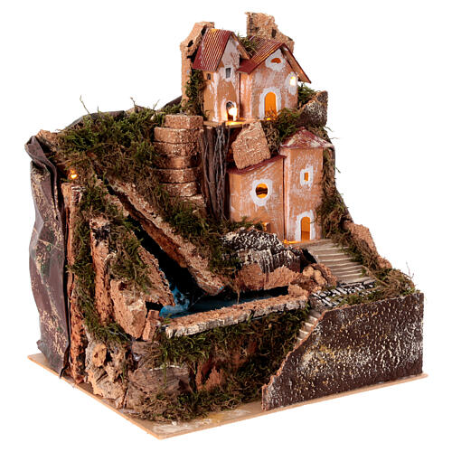 Paesaggio con luci case cascata presepe 4 cm pompa elettrica 30x25x25 cm 4