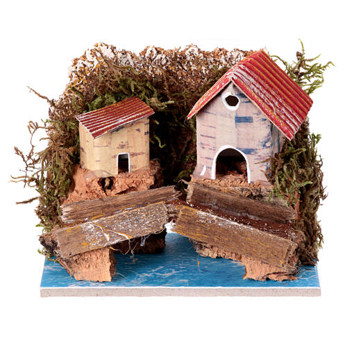 Houses with bridge on a river, 10x10x10 cm, for 4 cm Nativity Scene 1