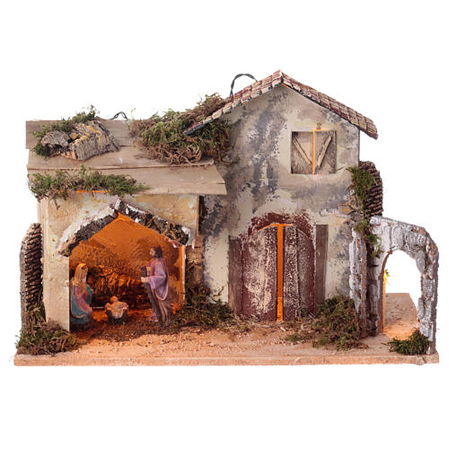 Wooden stable with moss and straw for 8 cm Nativity Scene, 30x50x25 cm 1