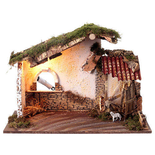 Cabane crèche délabrée 40x60x30 cm avec mouton pour santons 10 cm 1