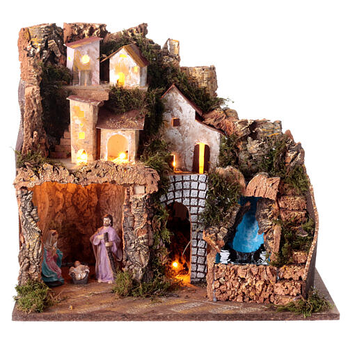 Village with lights, waterfall and Nativity Scene with 10 cm characters, 40x45x30 cm 1
