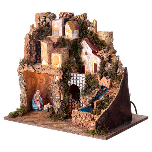 Village with lights, waterfall and Nativity Scene with 10 cm characters, 40x45x30 cm 2