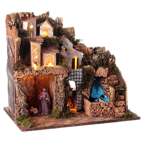Village with lights, waterfall and Nativity Scene with 10 cm characters, 40x45x30 cm 3