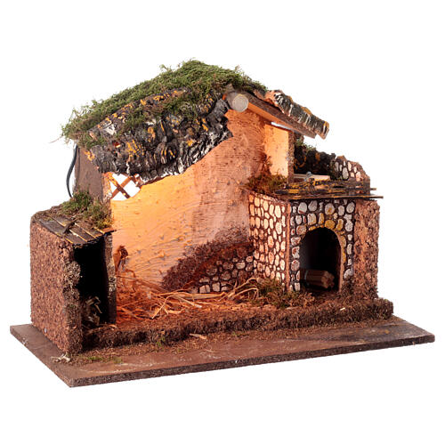 Stable with light and firewood for 10 cm Nativity Scene, 30x50x30 cm 3