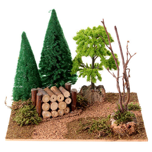 Weg durch den Wald führend, mit Holzstapel, Krippenzubehör, für 6-8 cm Figuren, 15x20x15 cm 1