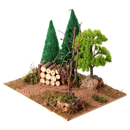 Weg durch den Wald führend, mit Holzstapel, Krippenzubehör, für 6-8 cm Figuren, 15x20x15 cm 2