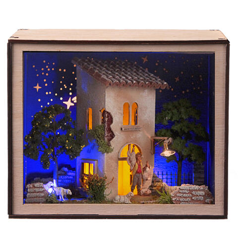 Holyart Scena Presepe Con Pastore E Fuoco A LED, 10 Cm, Artigianale Italiano In Legno E Sughero