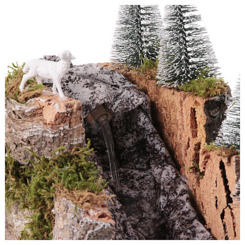 Alpine rocky waterfall pines sheep 25x25x25 cm electric pump nativity scene 6-8 cm 2