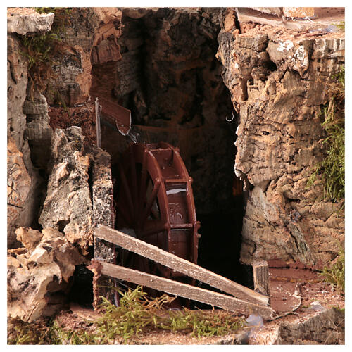 Gebirgsszene mit Wasser- und Windmühle, elektrischer Brunnen – für 10–12-cm-Krippe – 40 × 50 × 35 cm 2