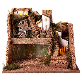 Grotte mit Mühlrad und Dorf, für 10-cm-Krippe – 45 × 30 × 40 cm
