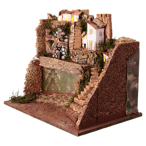 Grotte mit Mühlrad und Dorf, für 10-cm-Krippe – 45 × 30 × 40 cm 2