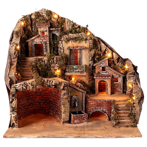 Neapolitan Nativity Scene setting for 10 cm figurines, lights and fountain, 50x50x35 cm 1