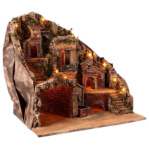 Neapolitan Nativity Scene setting for 10 cm figurines, lights and fountain, 50x50x35 cm 3