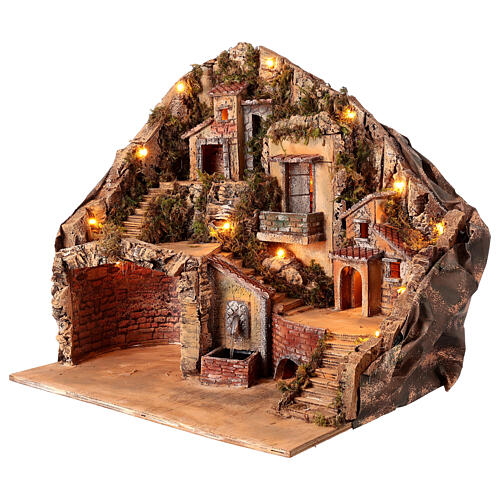 Neapolitan Nativity Scene setting for 10 cm figurines, lights and fountain, 50x50x35 cm 4