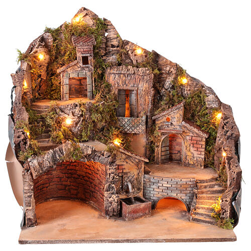 Neapolitan Nativity Scene setting for 10 cm figurines, lights and fountain, 50x50x35 cm 1