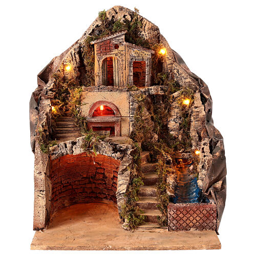 Illuminated Neapolitan Nativity Scene setting with oven and brook for 12 cm figurines, 50x35x30 cm 1